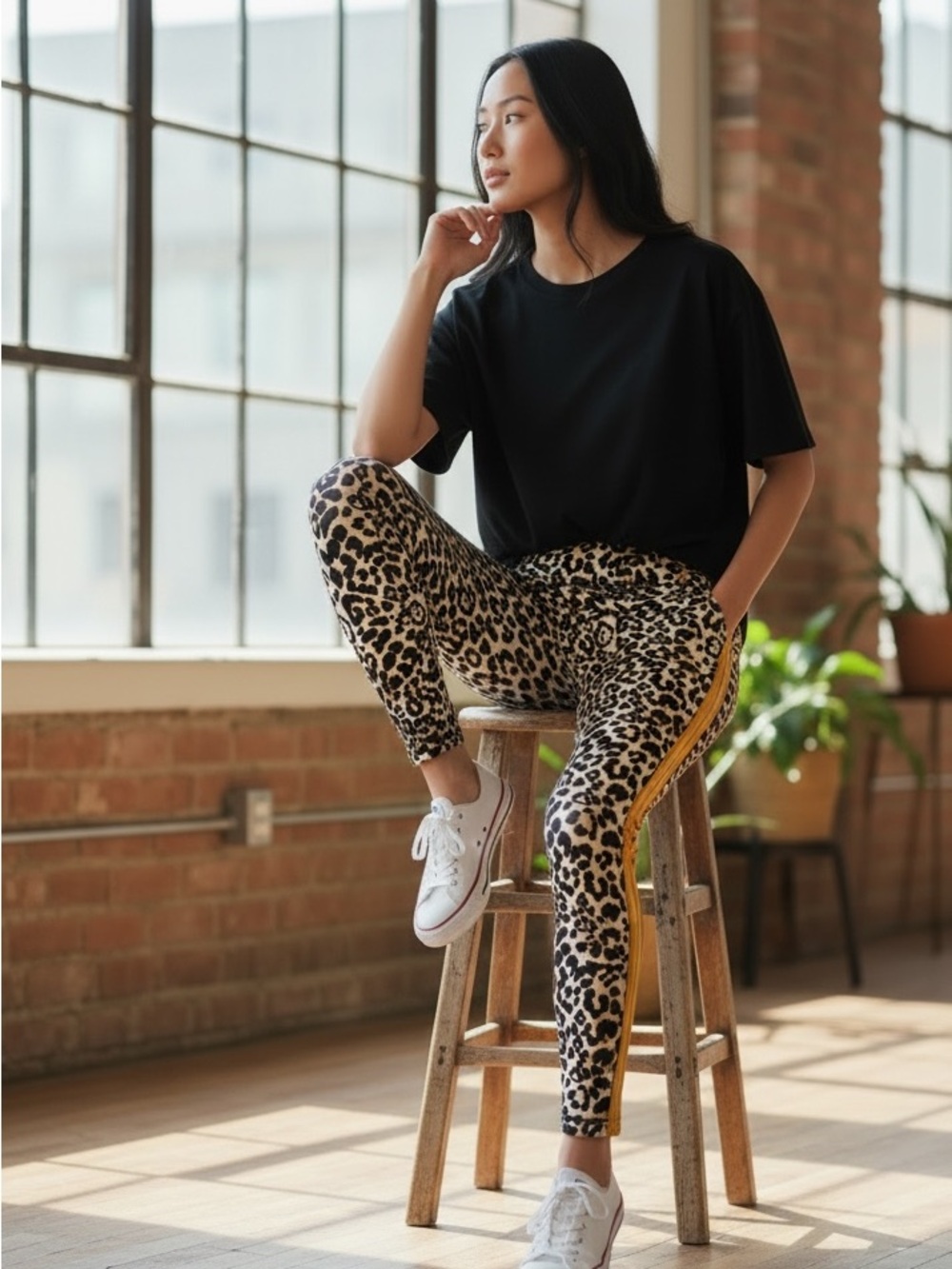 No Boundaries Leopard Print Side-Stripe Leggings in Black/Tan with Yellow Stripe